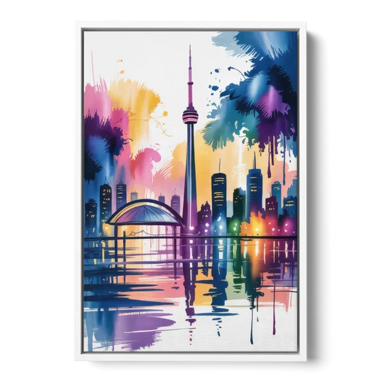 Toronto City Lights - White Framed Canvas Wall Art - Front