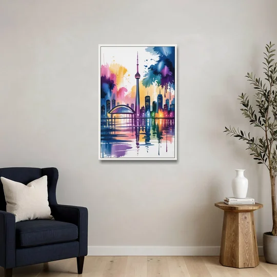 Toronto City Lights - White Framed Canvas Wall Art - Sofa - 24x36