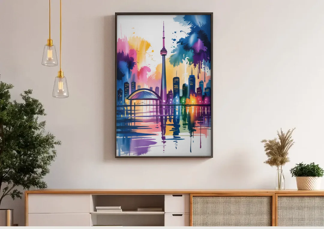 Toronto City Lights canvas wall art above a wooden sideboard under pendant lights