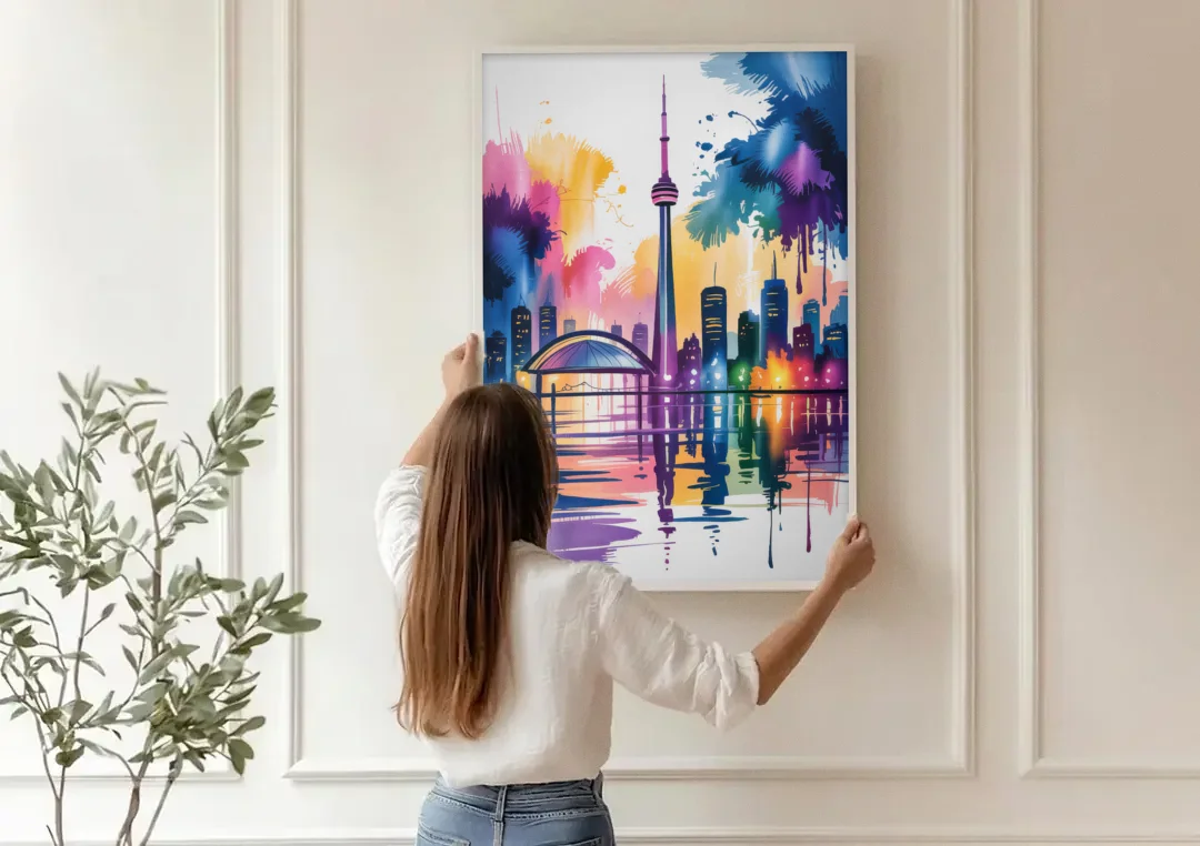 Toronto City Lights canvas wall art being hung on a paneled wall