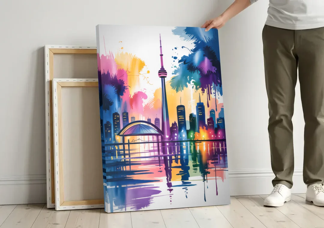 Toronto City Lights canvas wall art leaning against a wall next to blank canvases