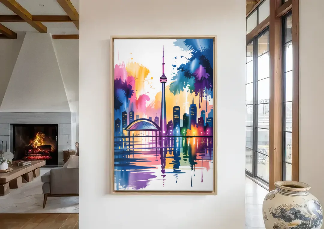 Toronto City Lights canvas wall art in a living room with a fireplace