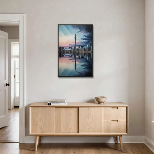 Toronto Cityscape Panorama - Black Framed Canvas Wall Art - Coffee Table - 24x36