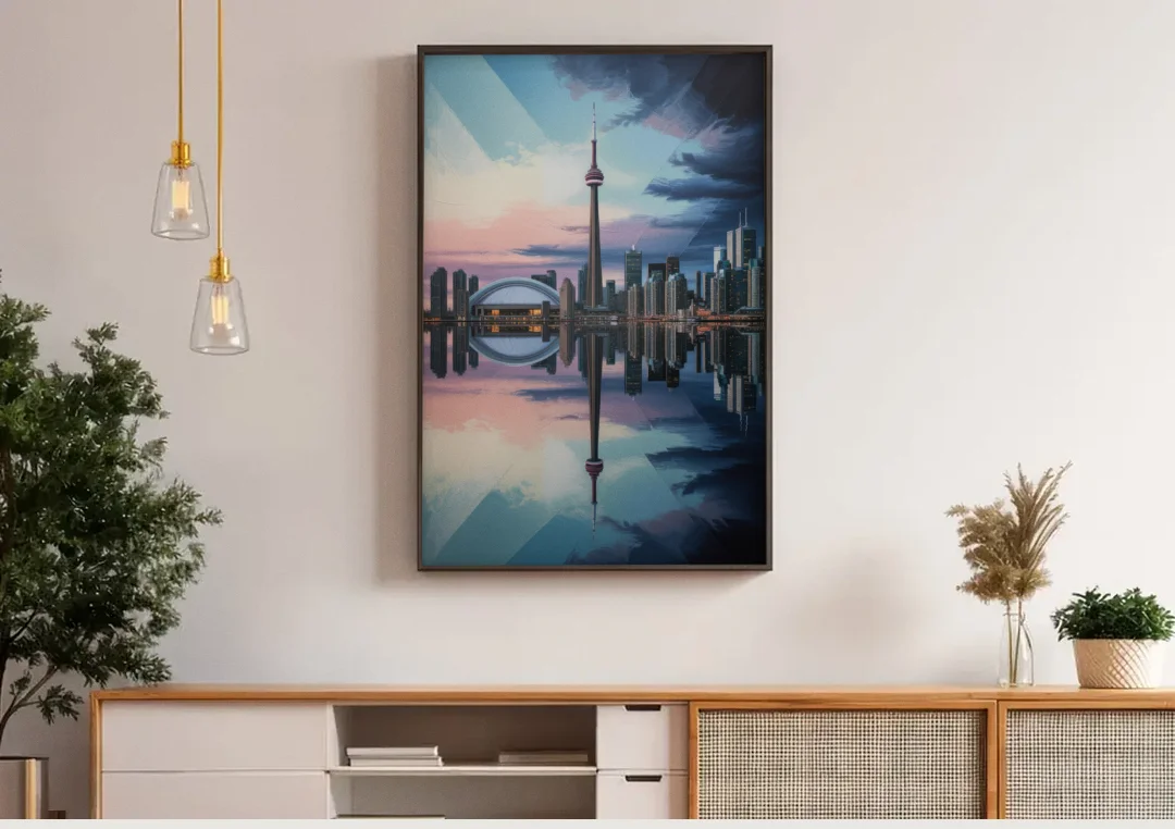 Toronto Cityscape Panorama canvas wall art above a wooden sideboard under pendant lights
