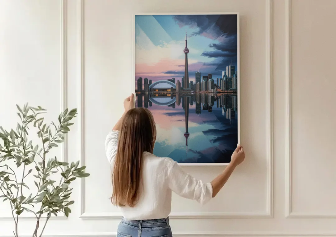 Toronto Cityscape Panorama canvas wall art being hung on a paneled wall
