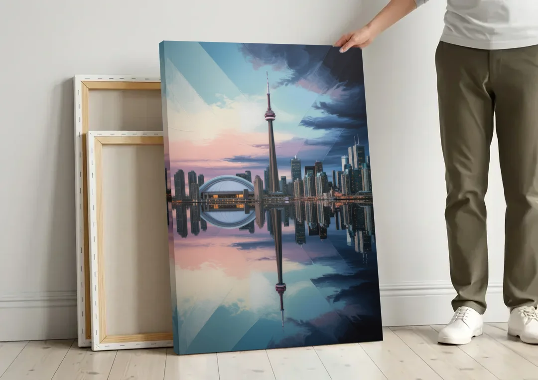 Toronto Cityscape Panorama canvas wall art leaning against a wall next to blank canvases