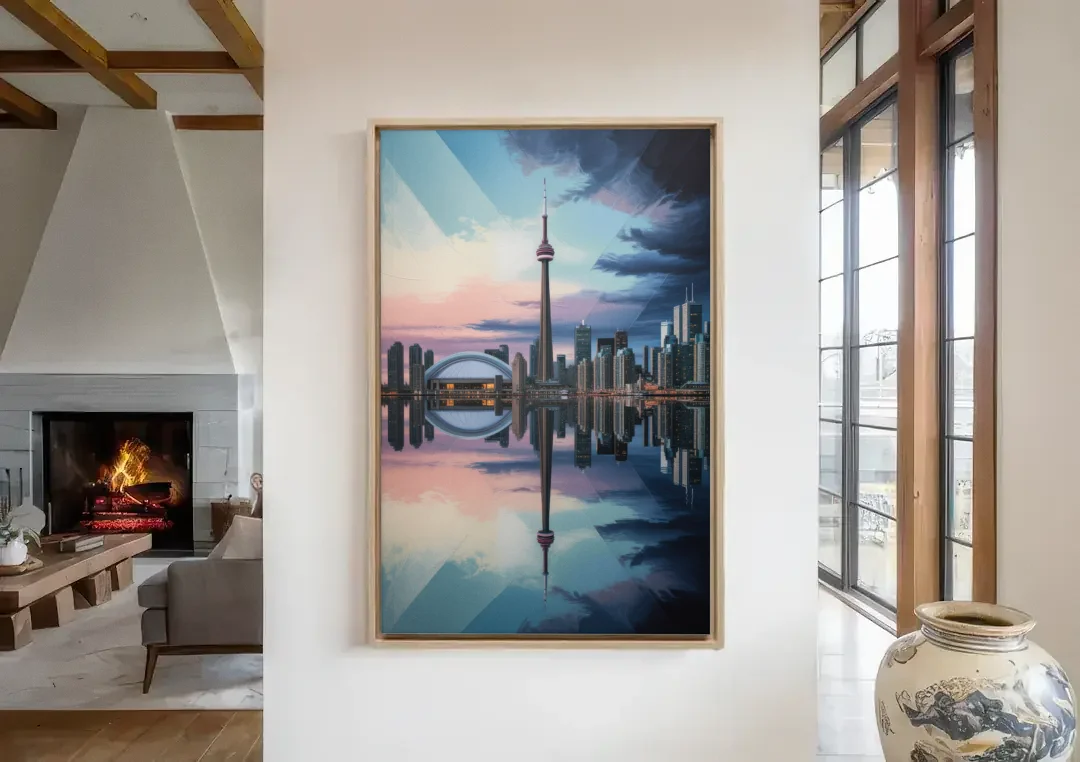 Toronto Cityscape Panorama canvas wall art in a living room with a fireplace