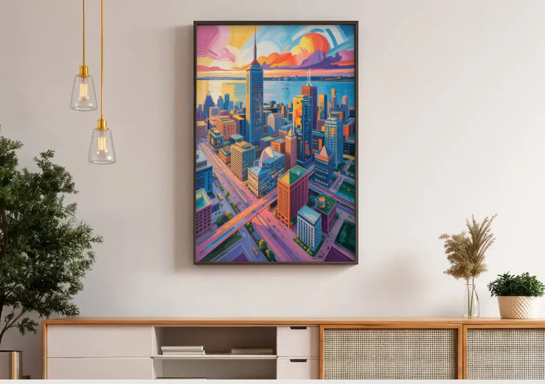 Toronto Financial District canvas wall art above a wooden sideboard under pendant lights
