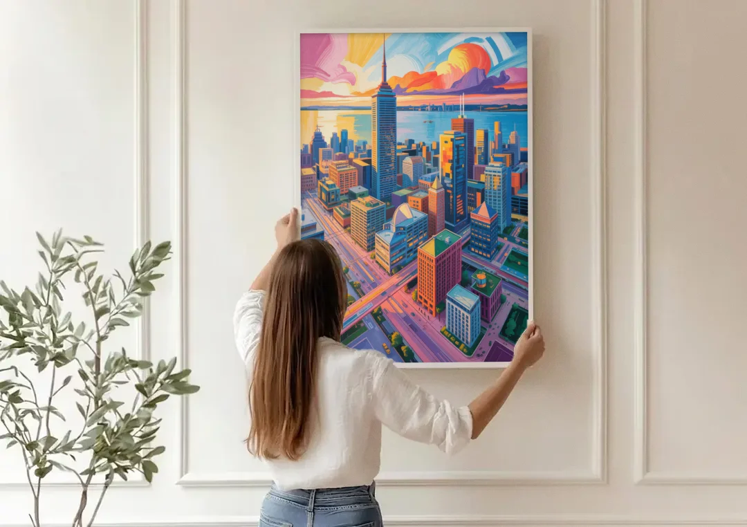 Toronto Financial District canvas wall art being hung on a paneled wall