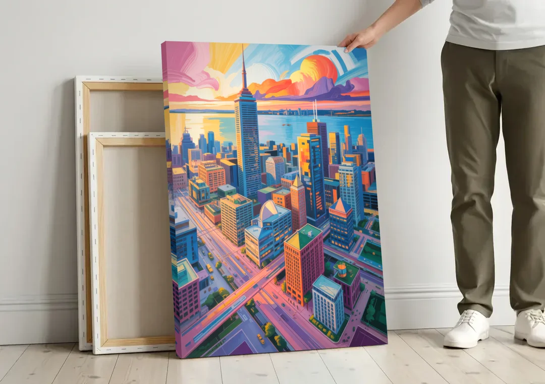 Toronto Financial District canvas wall art leaning against a wall next to blank canvases