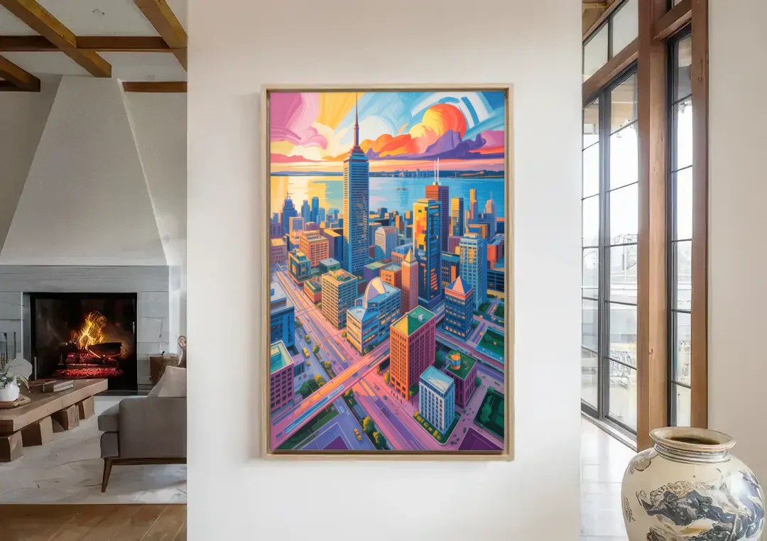 Toronto Financial District canvas wall art in a living room with a fireplace