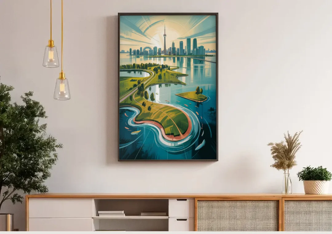 Toronto Island Aerial View canvas wall art above a wooden sideboard under pendant lights