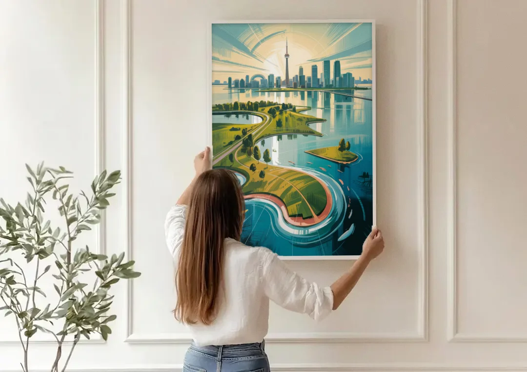 Toronto Island Aerial View canvas wall art being hung on a paneled wall