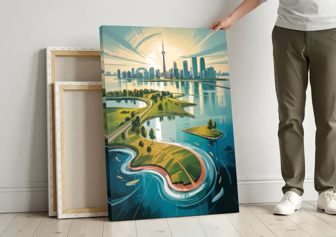 Toronto Island Aerial View canvas wall art leaning against a wall next to blank canvases