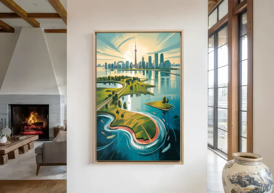 Toronto Island Aerial View canvas wall art in a living room with a fireplace