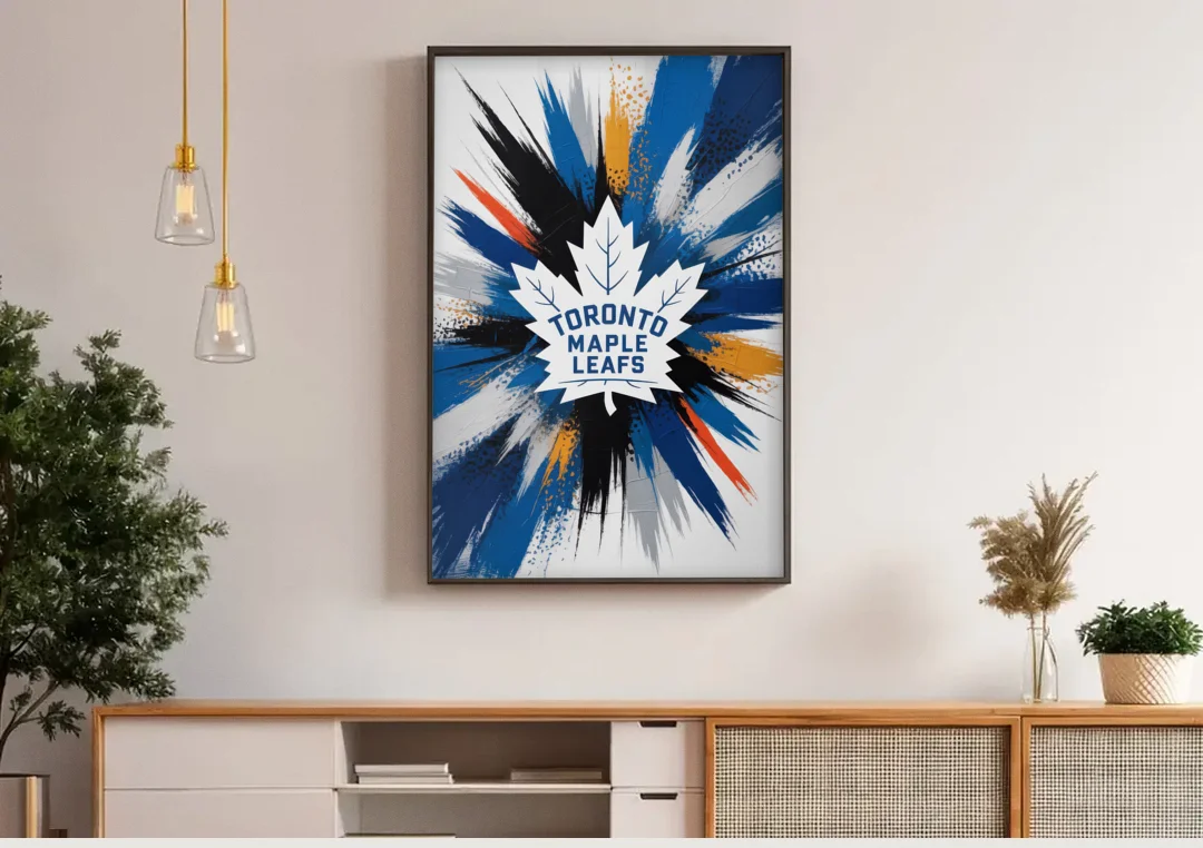 Toronto Maple Leafs Vibrant Abstract Wall Art canvas wall art above a wooden sideboard under pendant lights