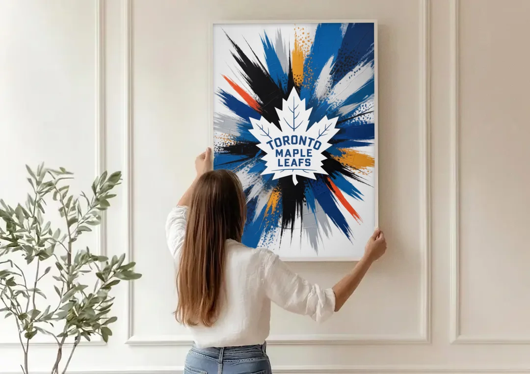 Toronto Maple Leafs Vibrant Abstract Wall Art canvas wall art being hung on a paneled wall