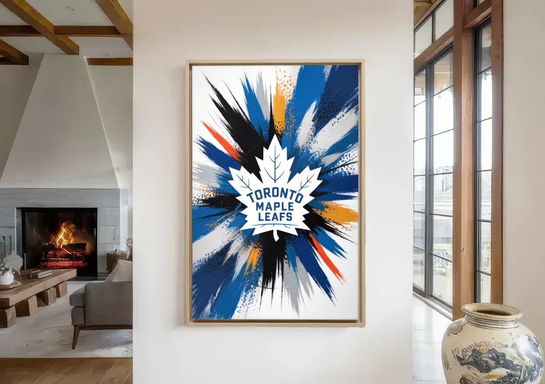 Toronto Maple Leafs Vibrant Abstract Wall Art canvas wall art in a living room with a fireplace