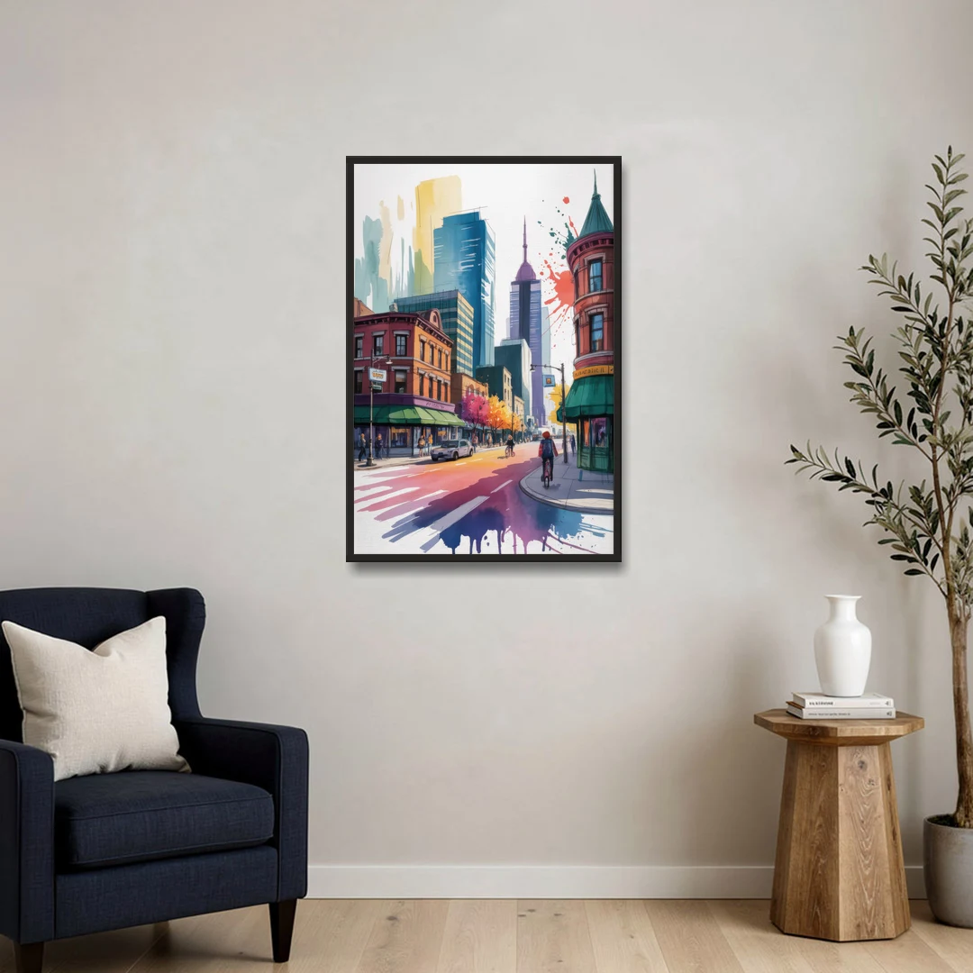 Toronto Queen Street West - Black Framed Canvas Wall Art - Sofa - 24x36