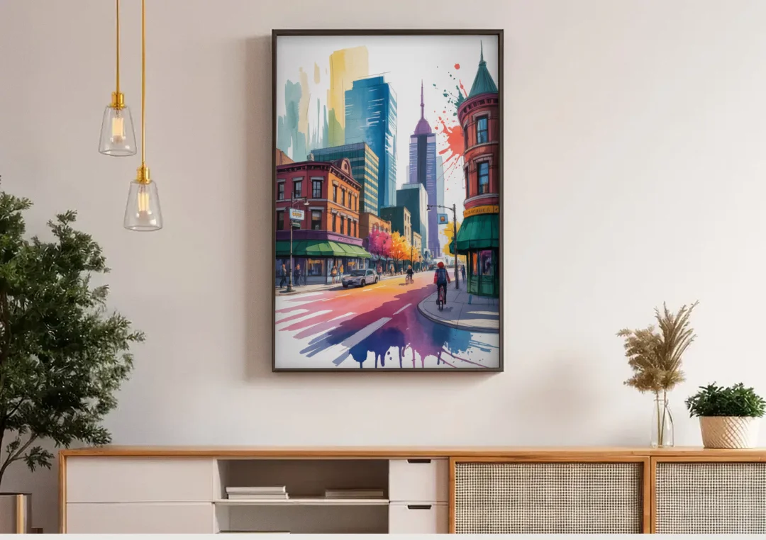 Toronto Queen Street West canvas wall art above a wooden sideboard under pendant lights