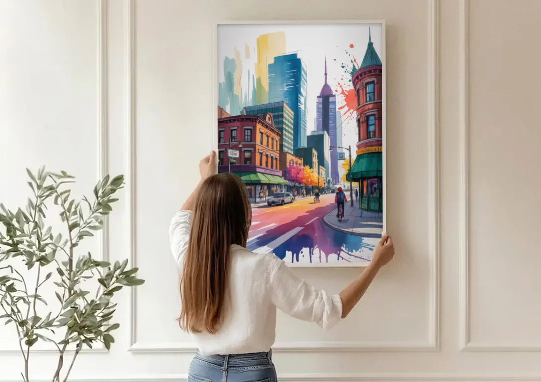 Toronto Queen Street West canvas wall art being hung on a paneled wall