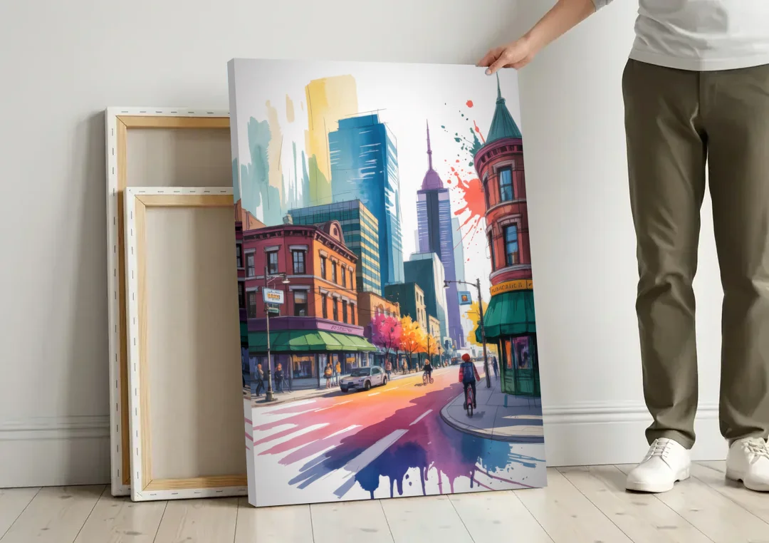 Toronto Queen Street West canvas wall art leaning against a wall next to blank canvases