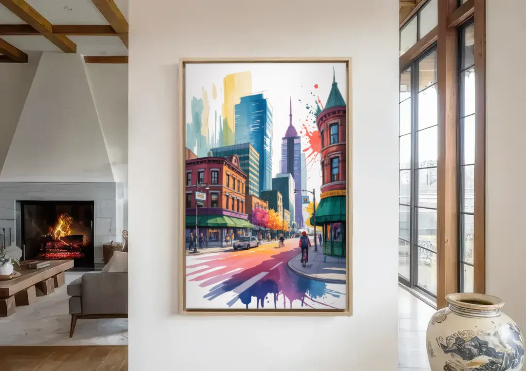 Toronto Queen Street West canvas wall art in a living room with a fireplace