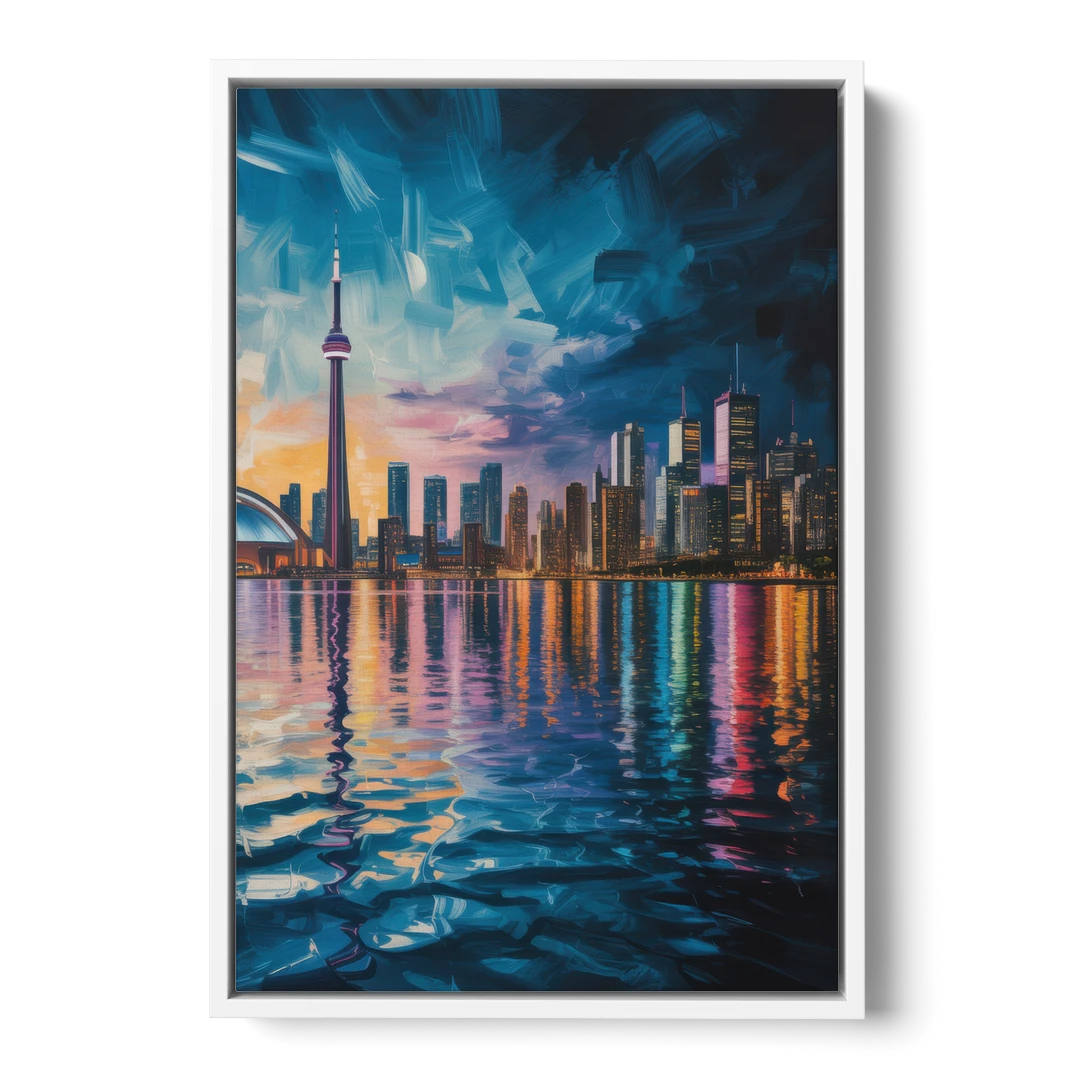 Toronto Skyline at Night Watercolor - White Framed Canvas Wall Art - Front