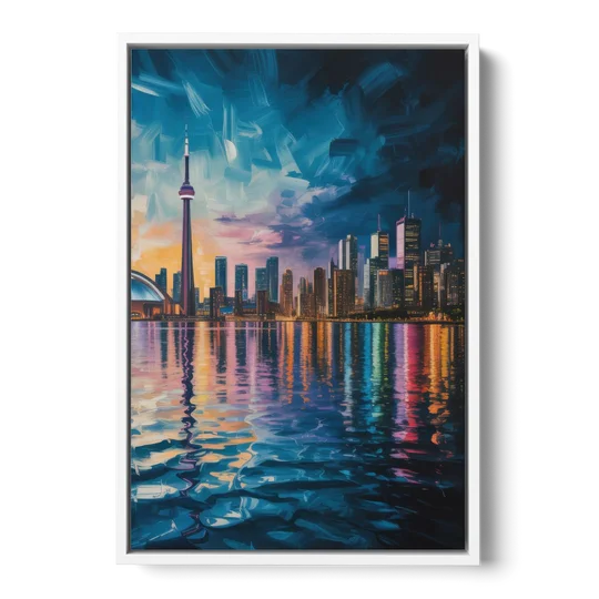 Toronto Skyline at Night Watercolor - White Framed Canvas Wall Art - Front
