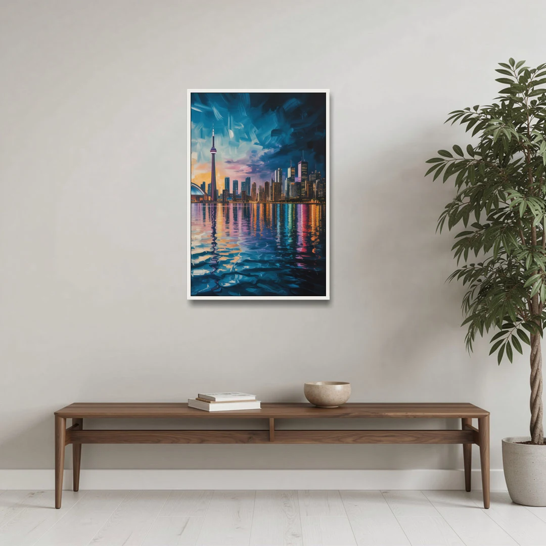 Toronto Skyline at Night Watercolor - White Framed Canvas Wall Art - Coffee Table - 24x36