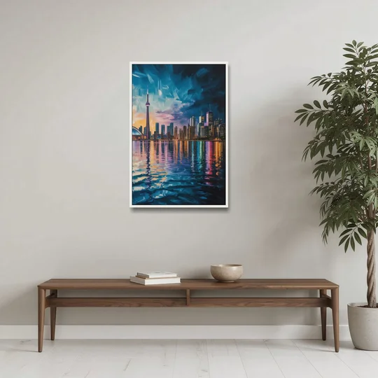 Toronto Skyline at Night Watercolor - White Framed Canvas Wall Art - Coffee Table - 24x36