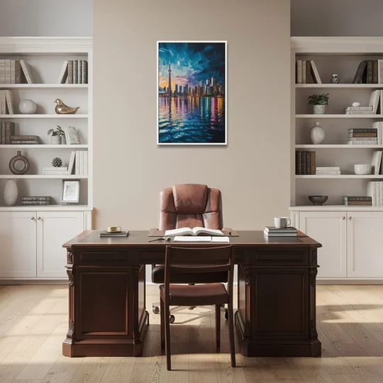 Toronto Skyline at Night Watercolor - White Framed Canvas Wall Art - Office - 24x36