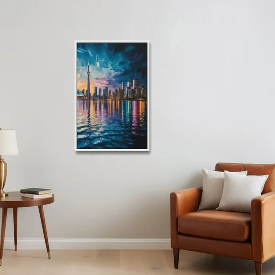 Toronto Skyline at Night Watercolor - White Framed Canvas Wall Art - Sofa - 24x36