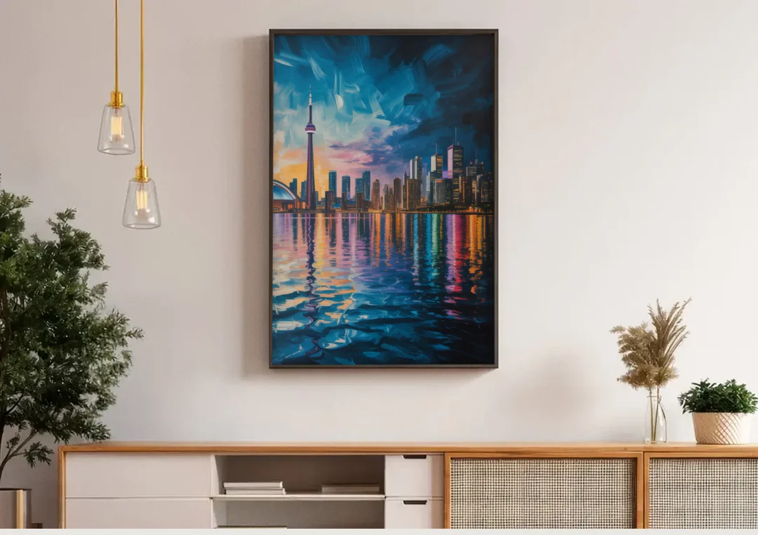 Toronto Skyline at Night Watercolor canvas wall art above a wooden sideboard under pendant lights
