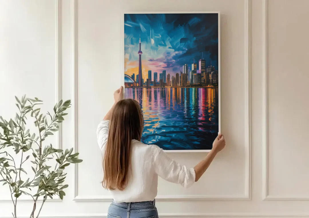 Toronto Skyline at Night Watercolor canvas wall art being hung on a paneled wall