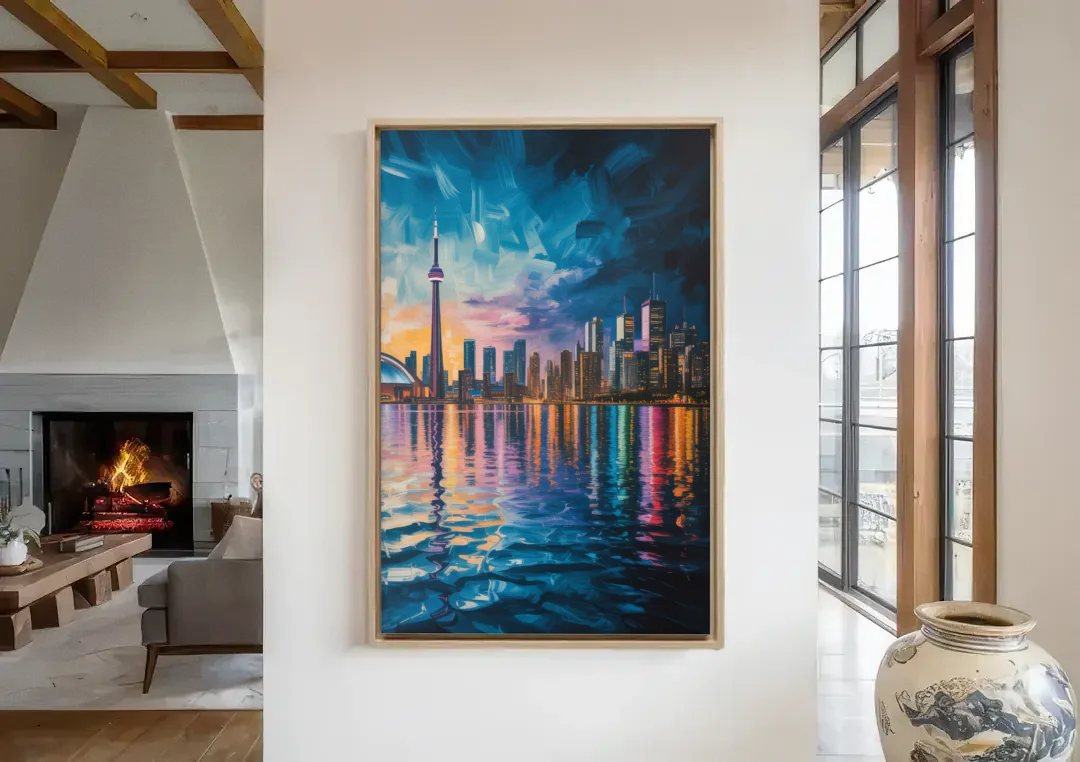 Toronto Skyline at Night Watercolor canvas wall art in a living room with a fireplace