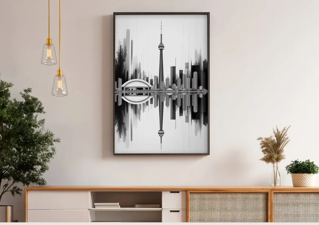 Toronto Skyline Black and White canvas wall art above a wooden sideboard under pendant lights