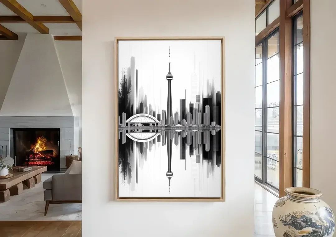 Toronto Skyline Black and White canvas wall art in a living room with a fireplace
