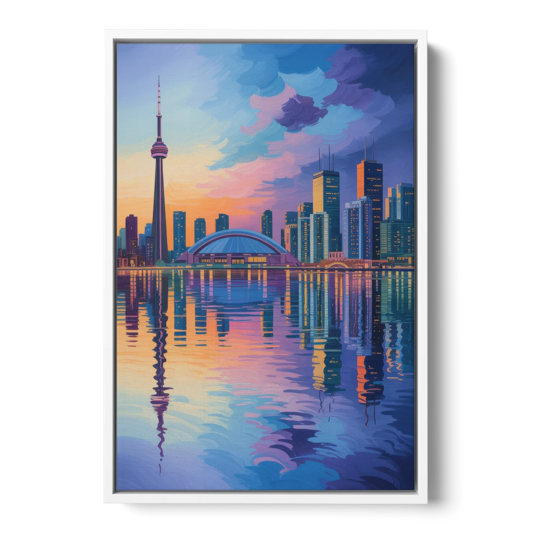 Toronto Skyline Evening Glow - White Framed Canvas Wall Art - Front