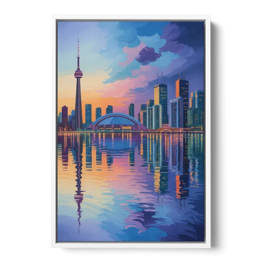 Toronto Skyline Evening Glow - White Framed Canvas Wall Art - Front