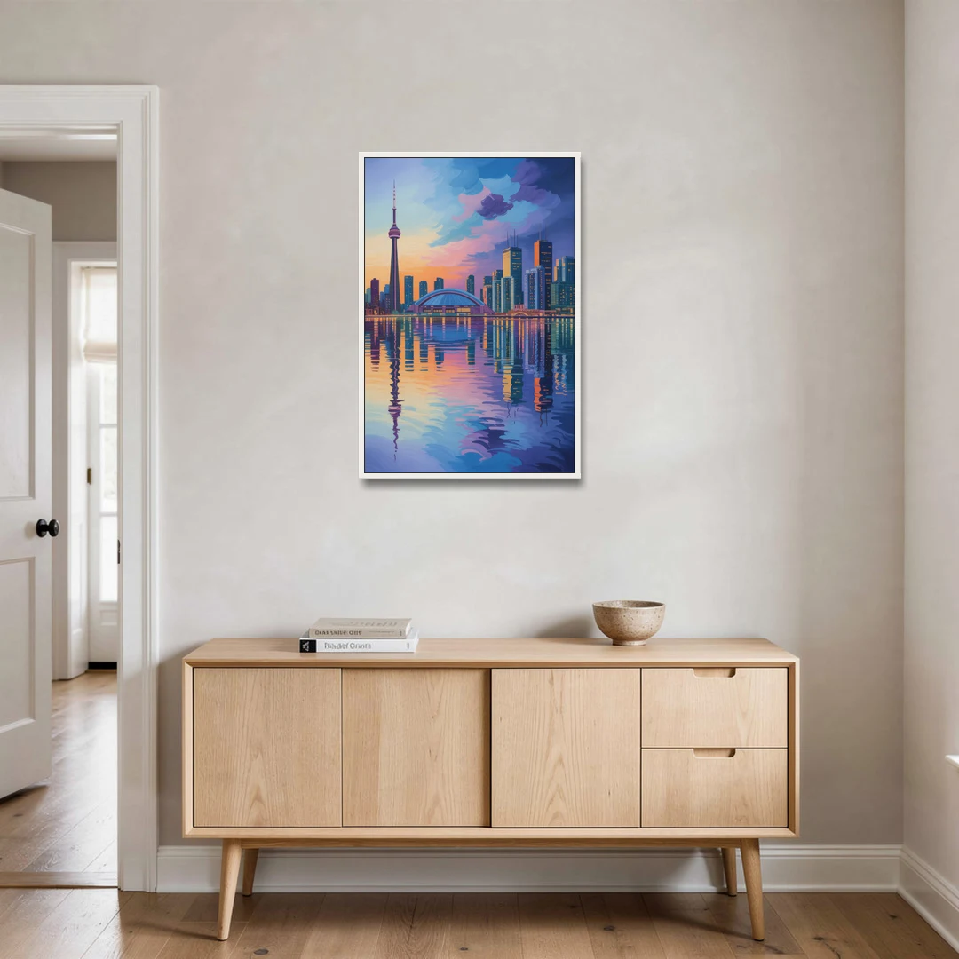 Toronto Skyline Evening Glow - White Framed Canvas Wall Art - Coffee Table - 24x36