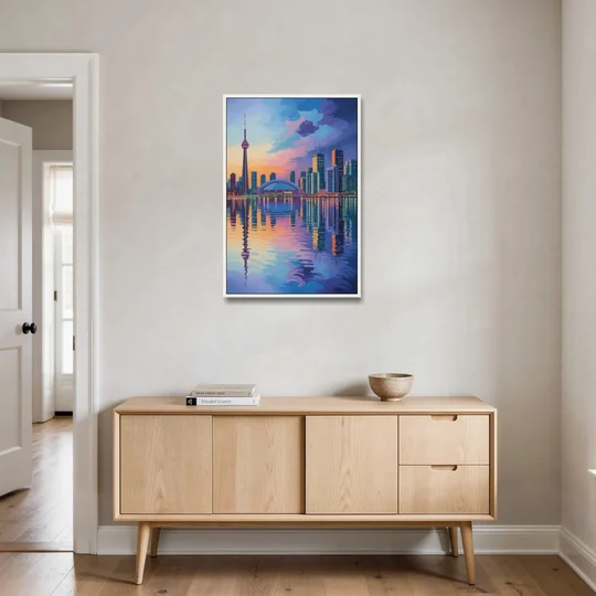 Toronto Skyline Evening Glow - White Framed Canvas Wall Art - Coffee Table - 24x36