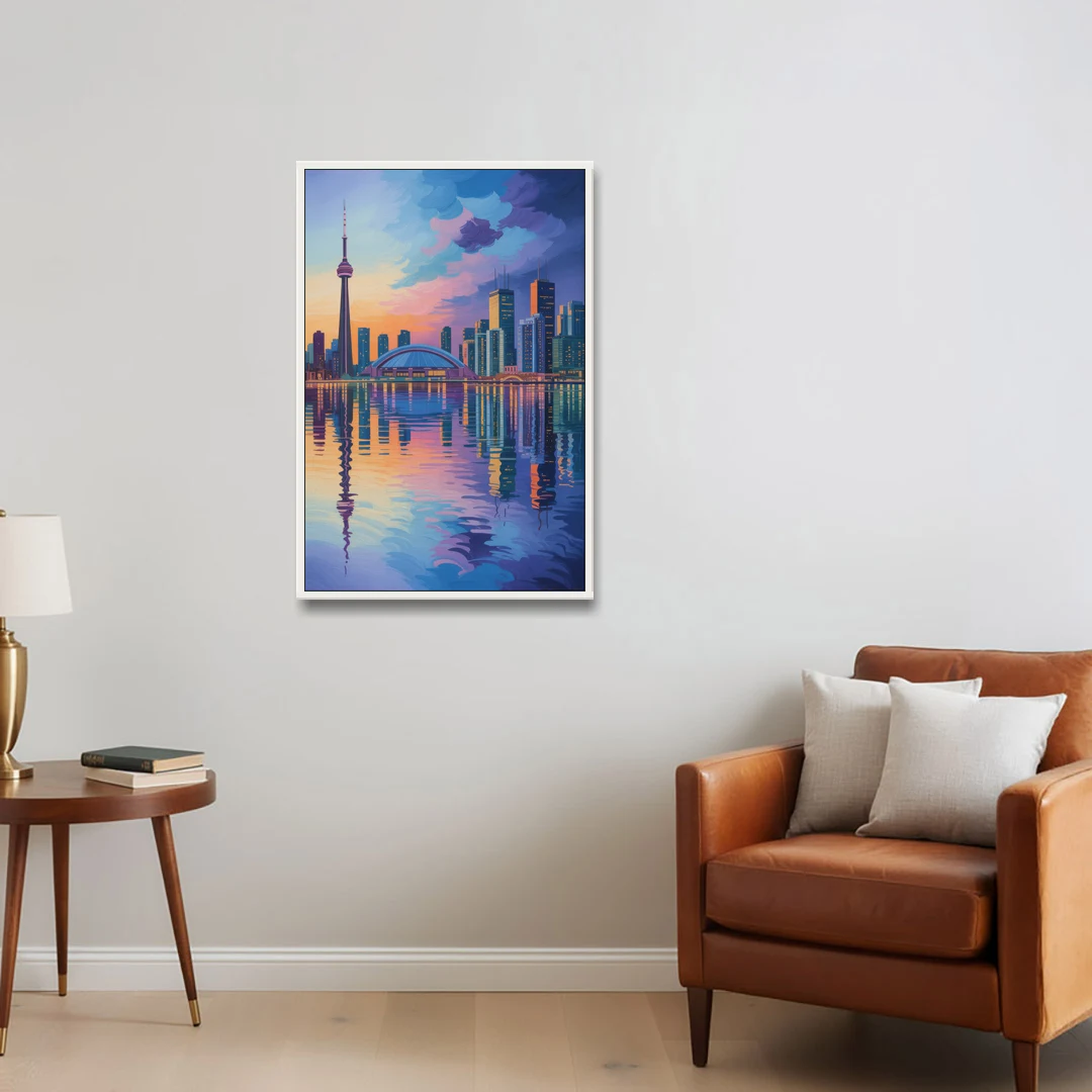 Toronto Skyline Evening Glow - White Framed Canvas Wall Art - Sofa - 24x36