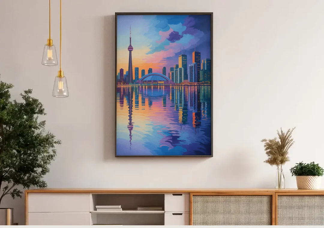 Toronto Skyline Evening Glow canvas wall art above a wooden sideboard under pendant lights