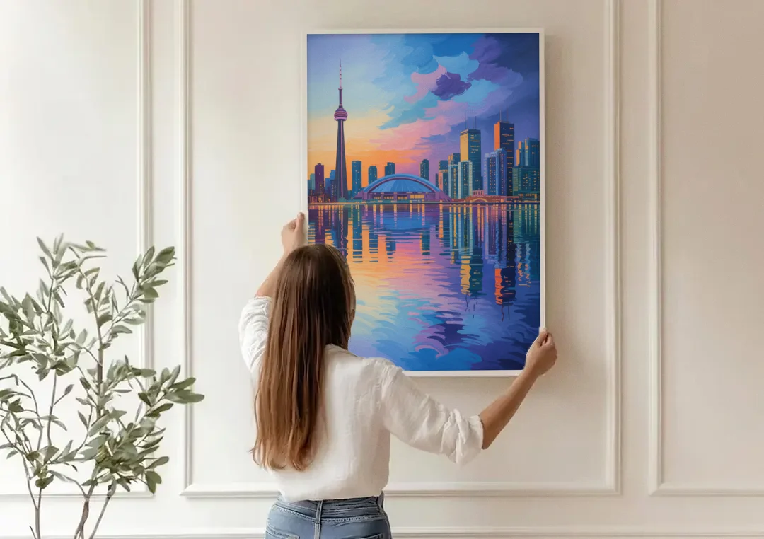 Toronto Skyline Evening Glow canvas wall art being hung on a paneled wall
