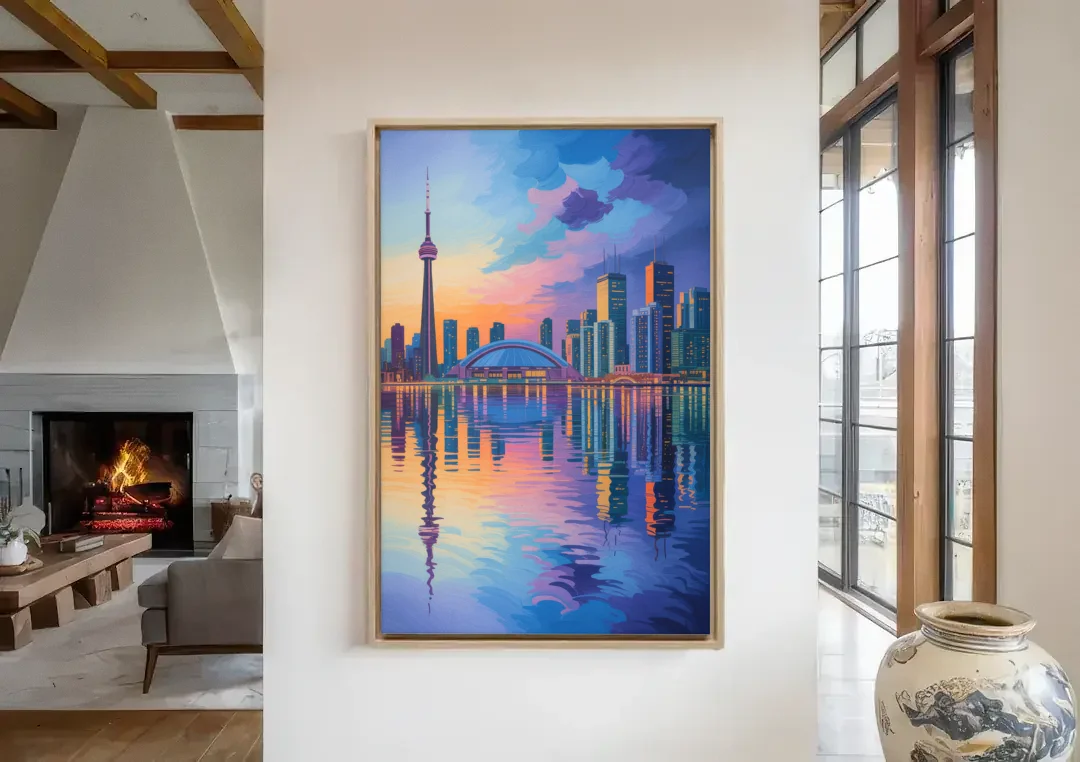 Toronto Skyline Evening Glow canvas wall art in a living room with a fireplace