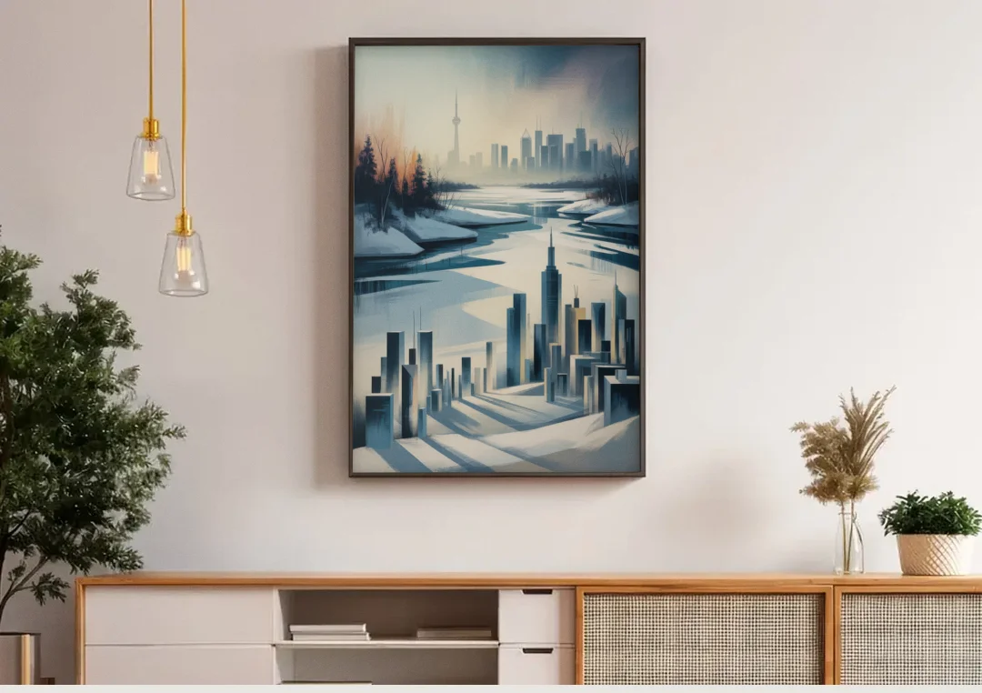 Toronto Winter Wonderland canvas wall art above a wooden sideboard under pendant lights
