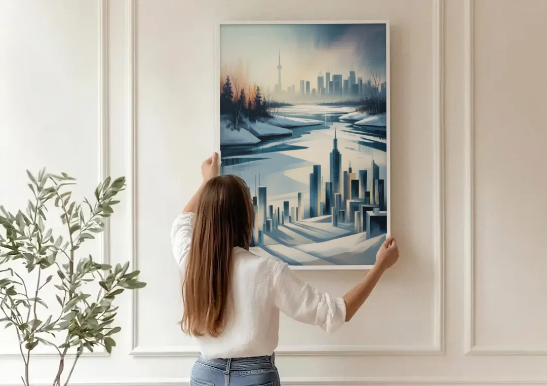 Toronto Winter Wonderland canvas wall art being hung on a paneled wall