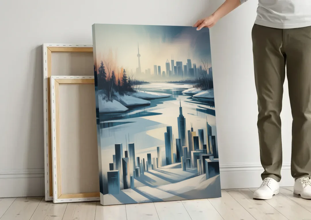 Toronto Winter Wonderland canvas wall art leaning against a wall next to blank canvases