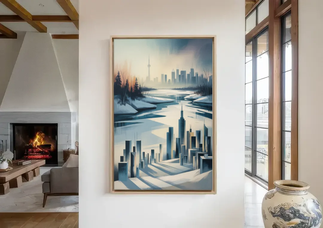 Toronto Winter Wonderland canvas wall art in a living room with a fireplace